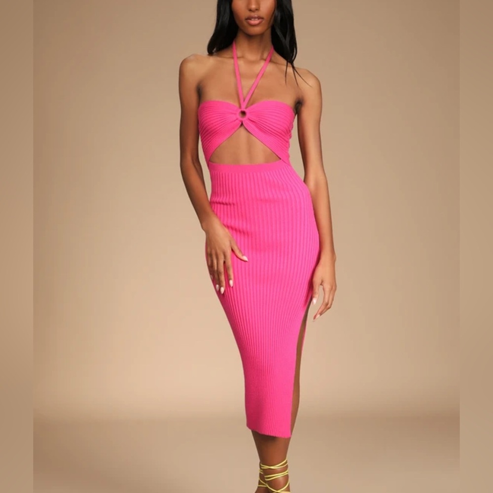 Lulus Pink Halter Knit Stretch Midi Dress